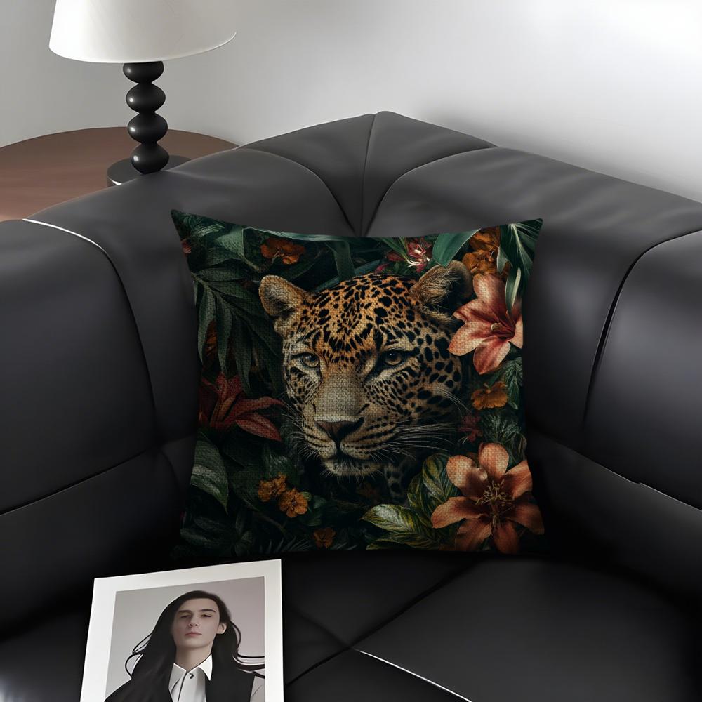 Uropean Fashion Leopard Cushion Cover Natural Linen Organic Fabric Double-Sided Printing Sofa Home Decor Gift Pillow Case