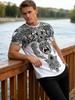 Men's Black and White Tribal Wolf Tee, Norse Mythology Inspired Knot Pattern, Breathable Short Sleeve for Street and Urban Style