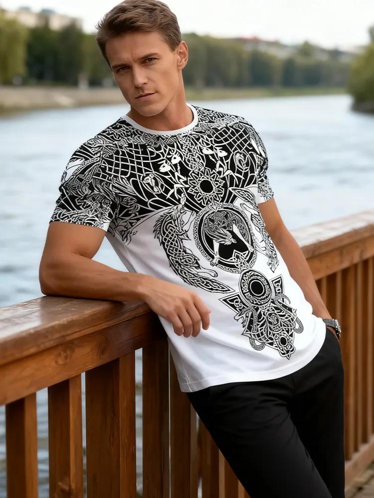 Men's Black and White Tribal Wolf Tee, Norse Mythology Inspired Knot Pattern, Breathable Short Sleeve for Street and Urban Style
