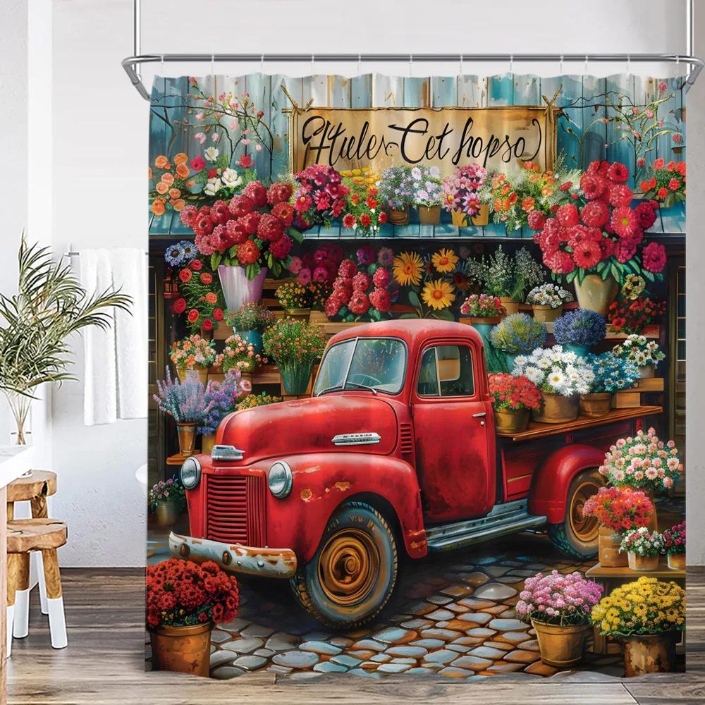 

Flower Shop Spring Shower Curtain Red Truck Blue Pickup Vintage Floral Bathroom Home Decor Polyester Bathtub Curtain With Hook W60H190(CM)-1 Pcs