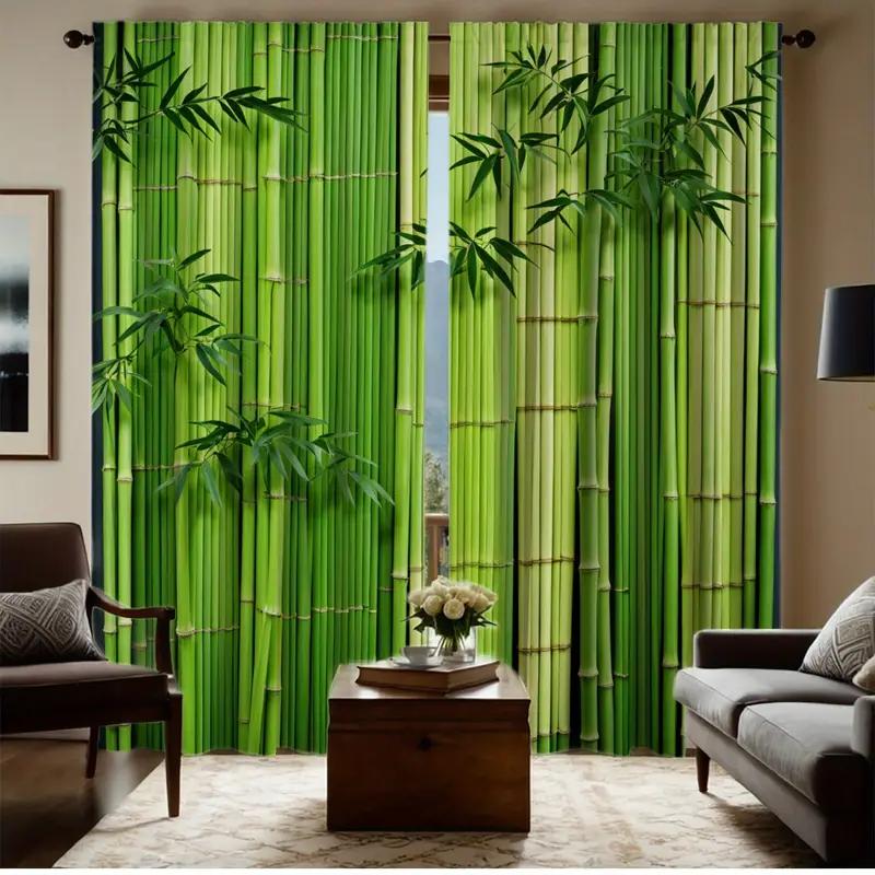 2pcs Lush Green Bamboo Printed Curtains, Designed for Light Filtering, Quality Material, Ideal for Zen Style Home Window Decorat