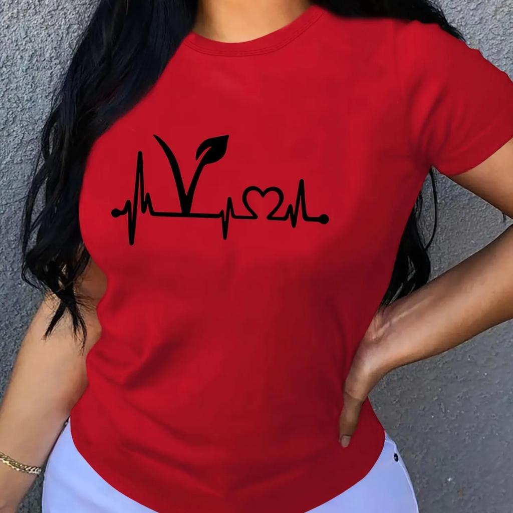 Plant Print Short Sleeve T-Shirt Crew Neck Casual Top for Summer & Spring Women's Clothing