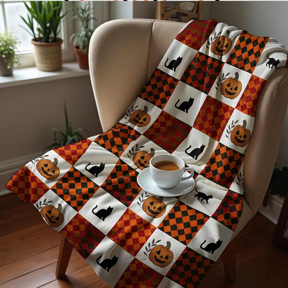Pumpkin Black Kitten Soft Flannel Blanket Breathable Warm Throw for Office Car Sofa Kids Room Birthday Xmas Gift
