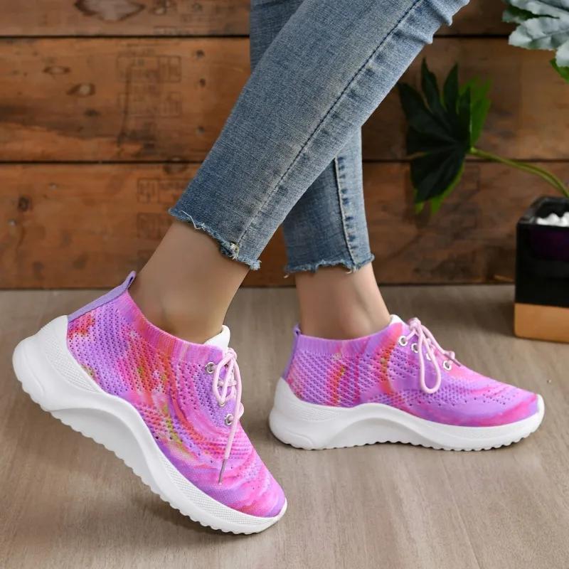 Fashion 2024 New Women's Shoes Lace Up Women's Vulcanize Shoes Hot Sale Color Matching Ladies Casual Shoes Round Head Mesh Sneakers
