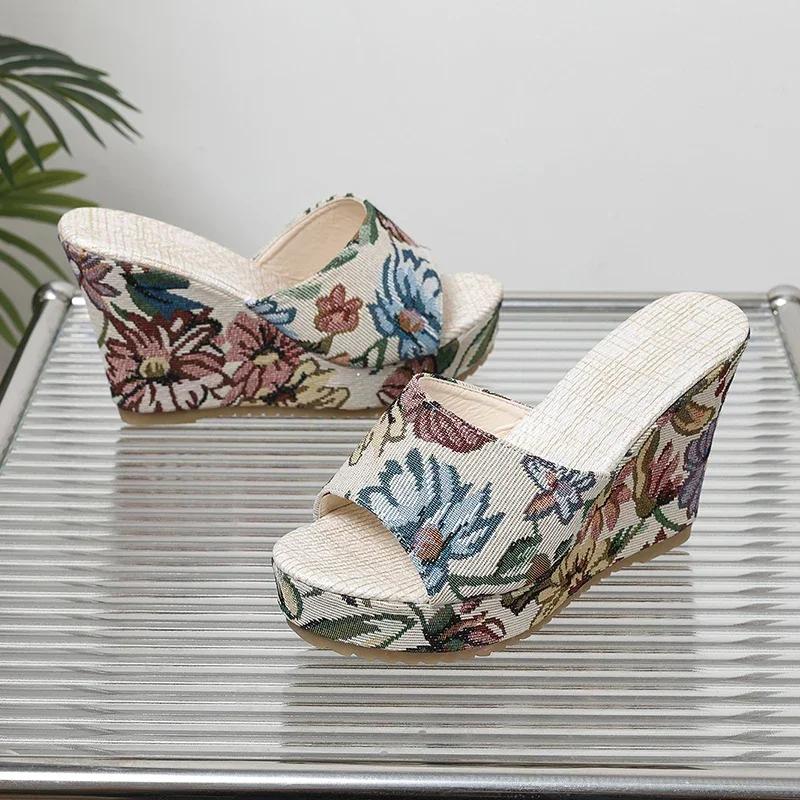 2025 Women Shoes Fashion Shoes Casual Flip Flops Summer Vintage Floral Print Peep Toe Wedge Slippers 35-42