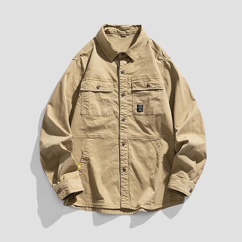 

Men Retro Loose Cotton Shirts 2026 Men Long Sleeve Cargo Shirt Male Fashion Korean Style Casual Wear Dress Shirts Outerwear M хакі