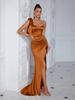Off-Shoulder Slit Long Evening Dress - Solid Color Fashion 