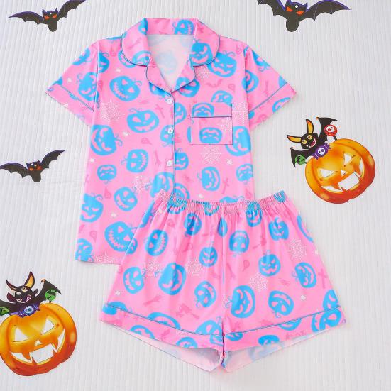 Halloween Women Pajamas Set Ghost Pumpkin Print Short Sleeve Button Down Shirts And Shorts Sleepwear Set 2 Piece Loungewear Pjs Short Set