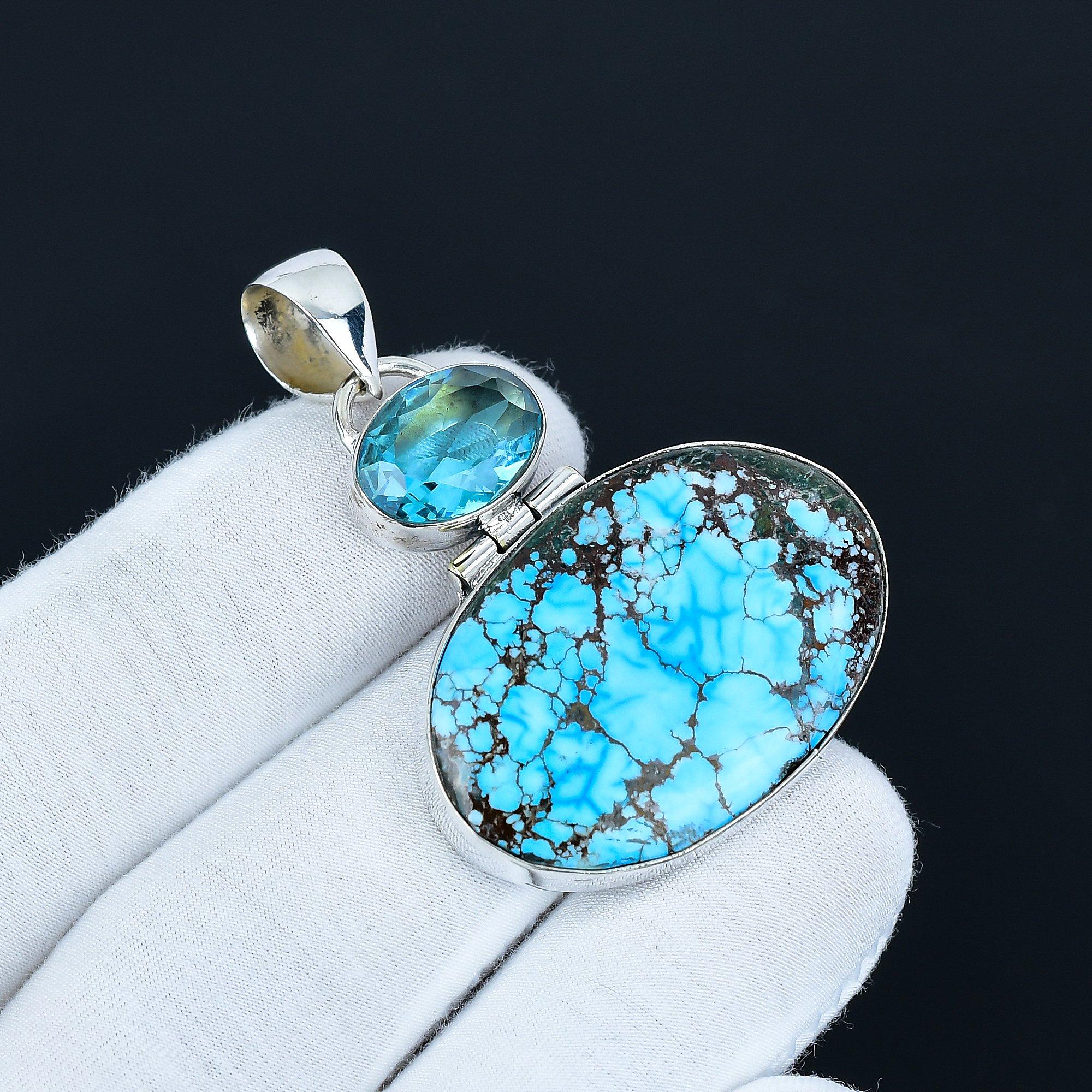 

Красивая бирюзовая подвеска из серебра 925 пробы ручной работы, ожерелье с драгоценным камнем голубой топаз, украшение с камнем октября, рождественский подарок для нее 6.5 Cm синий