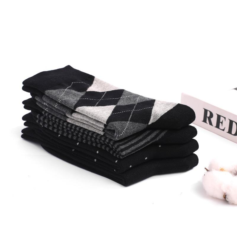 Men's Plus-size Socks Diamond Pattern Stripes Solid Color Business Thick Calf Socks for Autumn and Winter