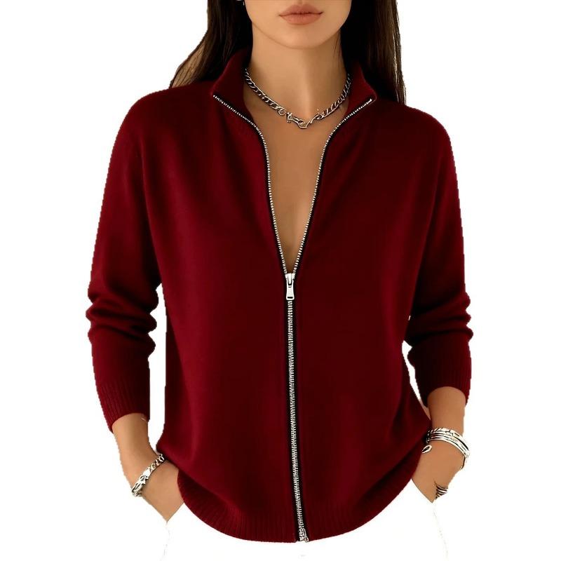 Women S Half High Neck Full Zip Long Sleeve Knit Cardigan Solid Color