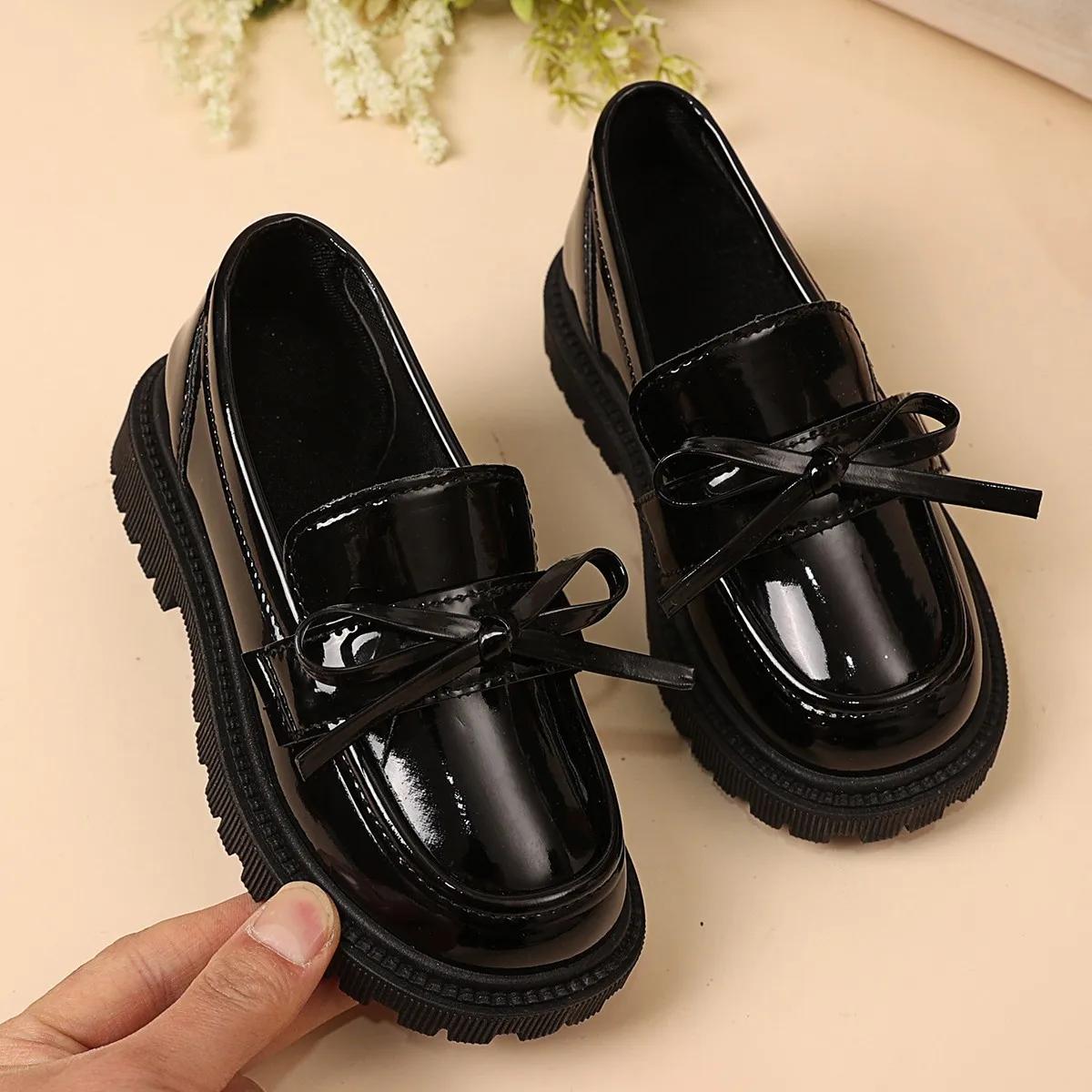 

Kids Uniform Shoes Black Glossy for School Girls Performance Shoes Simple Bows Spring Autumn Children Flat Shoes Round Toes 37