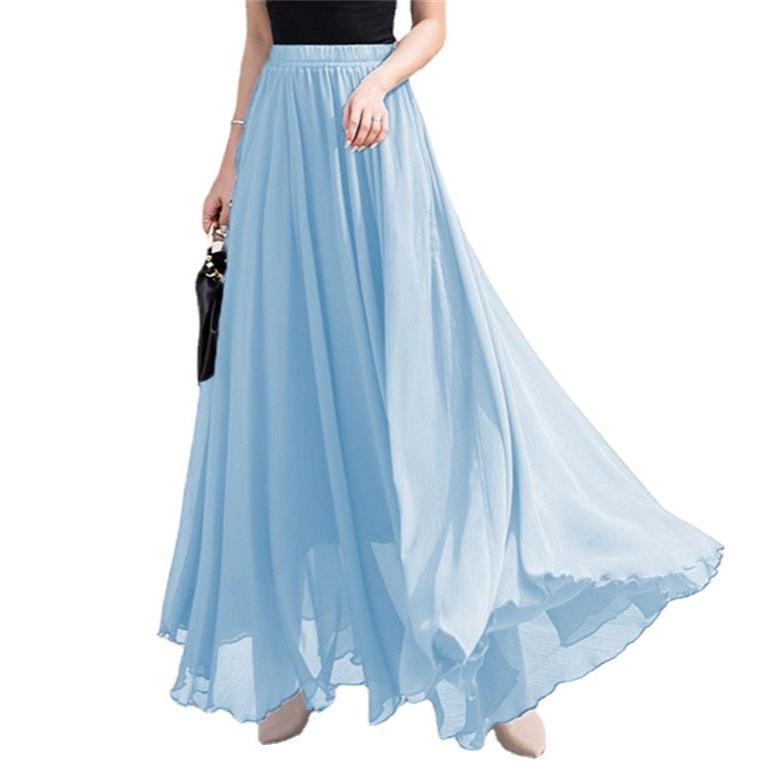 Women's European & American Chiffon High Waist Long Skirt - Solid Color, Spring/Summer Collection.