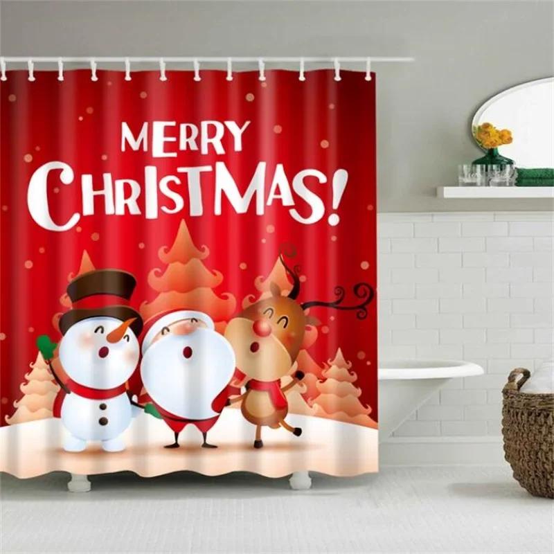 Merry Christmas Shower Curtain Christmas Home Decor Snowman Santa Claus Bathroom Curtain Polyester Fabric Bath Screen with Hoo