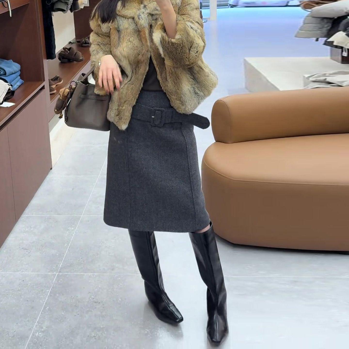 Elegant Grey Wool Midi A-line Skirt - Autumn/Winter Retro Style for Women Large серый