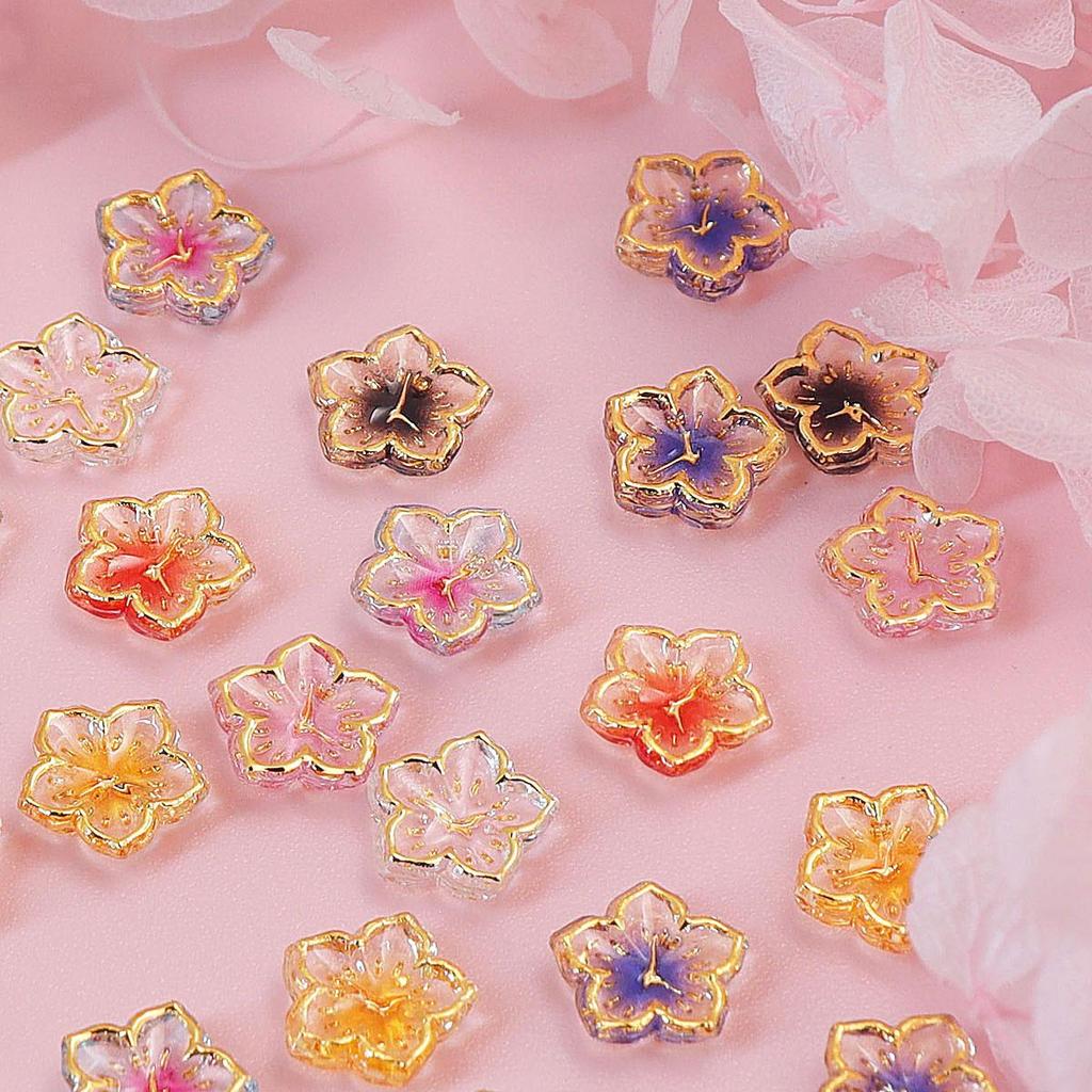 30Pcs 8mm 3D Mini Flower Nail Art Charms, Golden Edge Floral Decoration Nail Accessories for Spring & Summer DIY Manicure Accessories