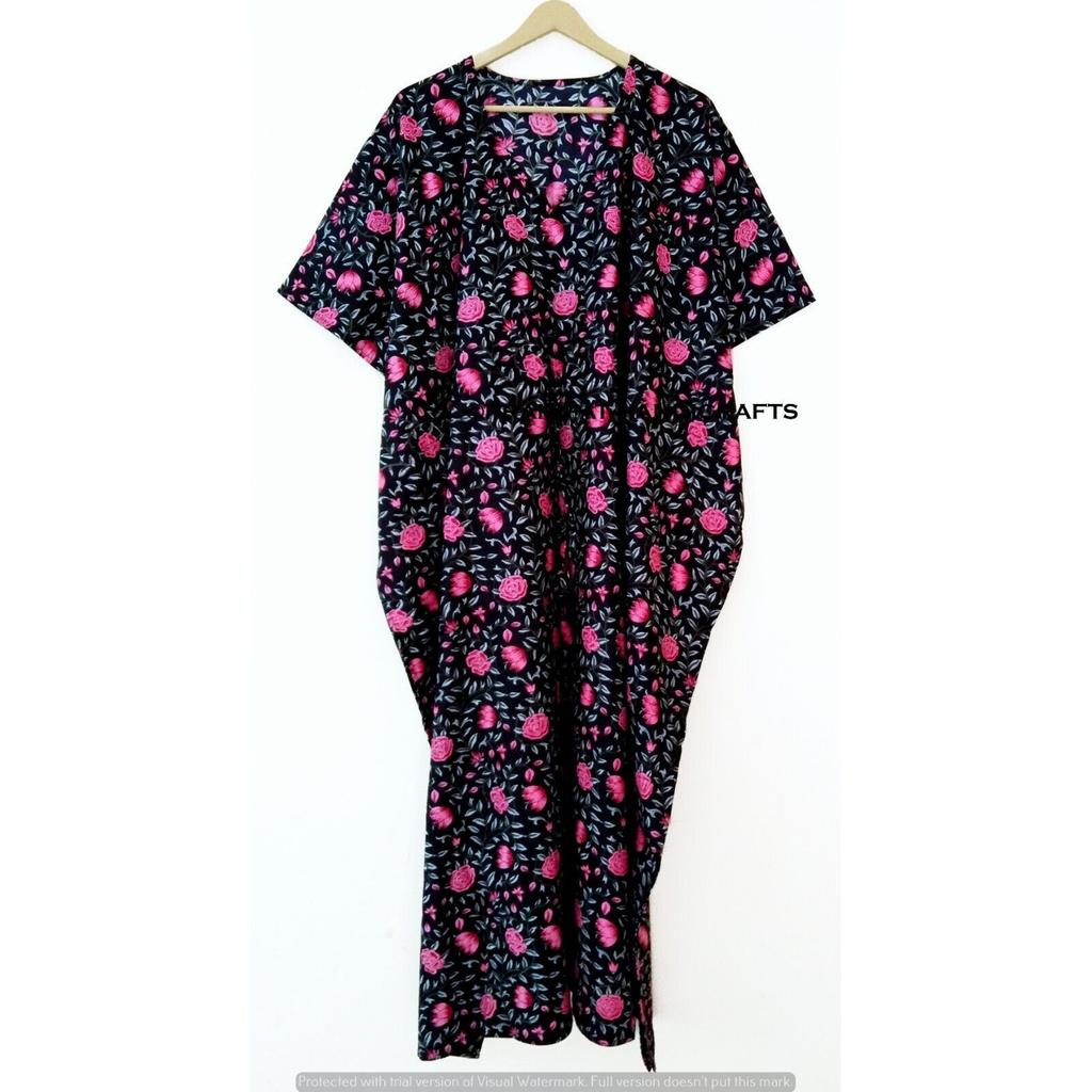 Damen Sommer Baumwolle Nachtwäsche Rosenmuster Schwarz Lang Maxi Ethnisch Kaftan Kleid CKFTN-SCRN-FULL-BUYIT-060