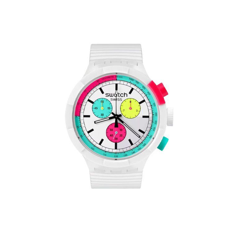 Swatch Neon Series Quartz Movement 30M Water Resistant Watch 47Mm White Dial Bio-Based Material Case Silicone Strap Unisex watches SB06W100 White