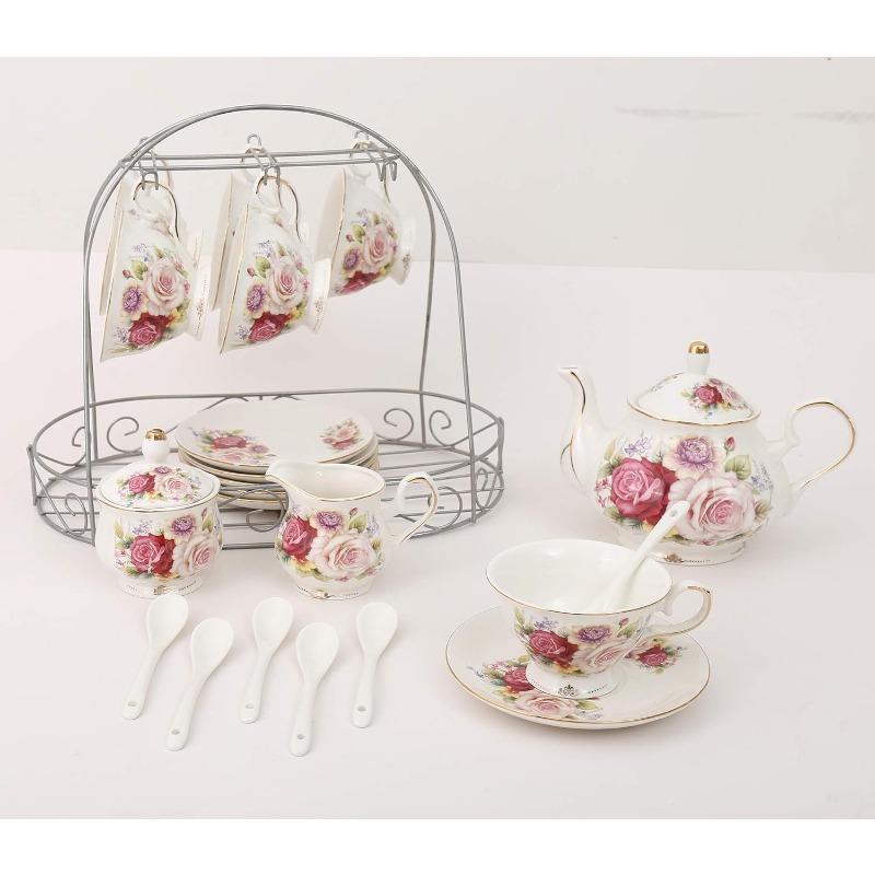 Juegos de té de cerámica europea de 15 piezas, juego de café de porcelana fina con soporte de metal, tetera de café y té de calabaza con pintura de rosas coloridas