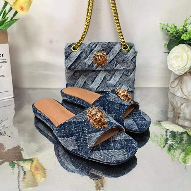New Denim Lion Head Women's Flat Slippers, Denim Bag, Low-heeled Women's Fashionable Slippers and Bag Set