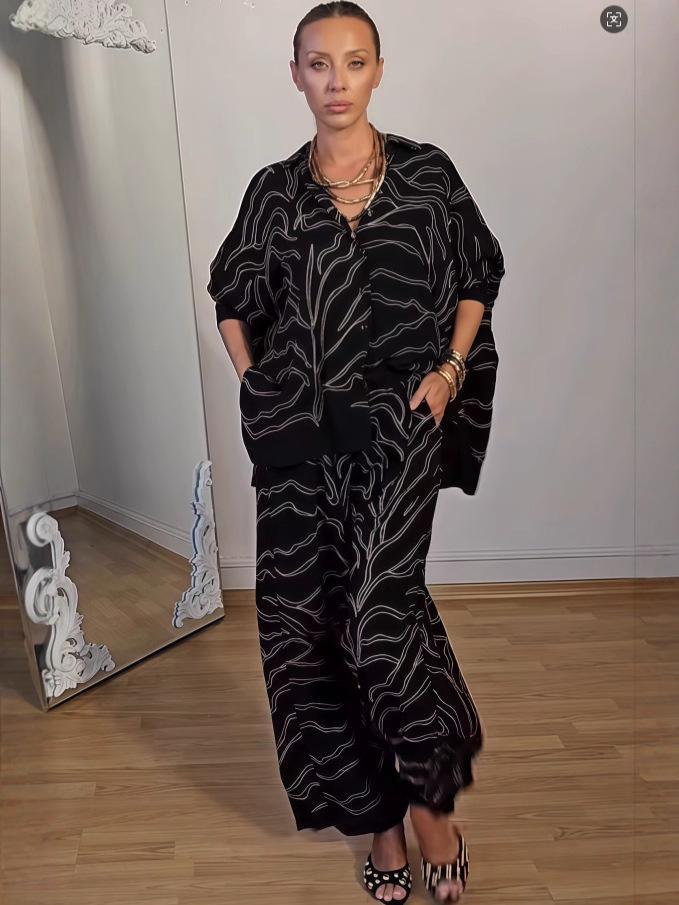 European & American Autumn Print Two-Piece Set: Long Sleeve Top & Wide Leg Pants