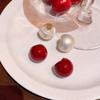 Vintage Red Half Circle Pearl Stud Earrings for Women Girls Elegant Imitation Pearl Temperament Earrings Bridal Wedding Jewelry