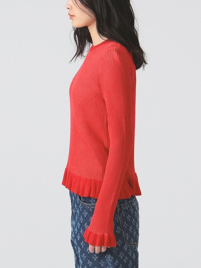 Ray Beams RIB Frill Hem Long Sleeve Knit Size Women's Sweater, Red/Free