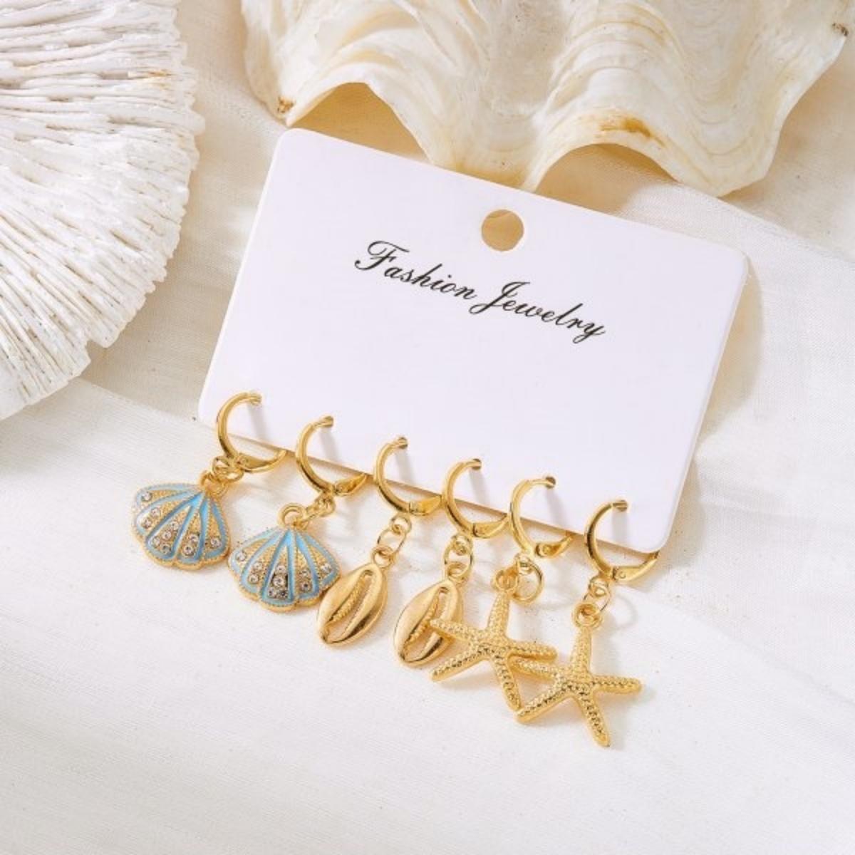 

Bohemian Rhinestone Metal Shell Starfish Dangle Earrings For Women Men Dainty Imitation Pearl Shell Drop Earring Summer Zircon