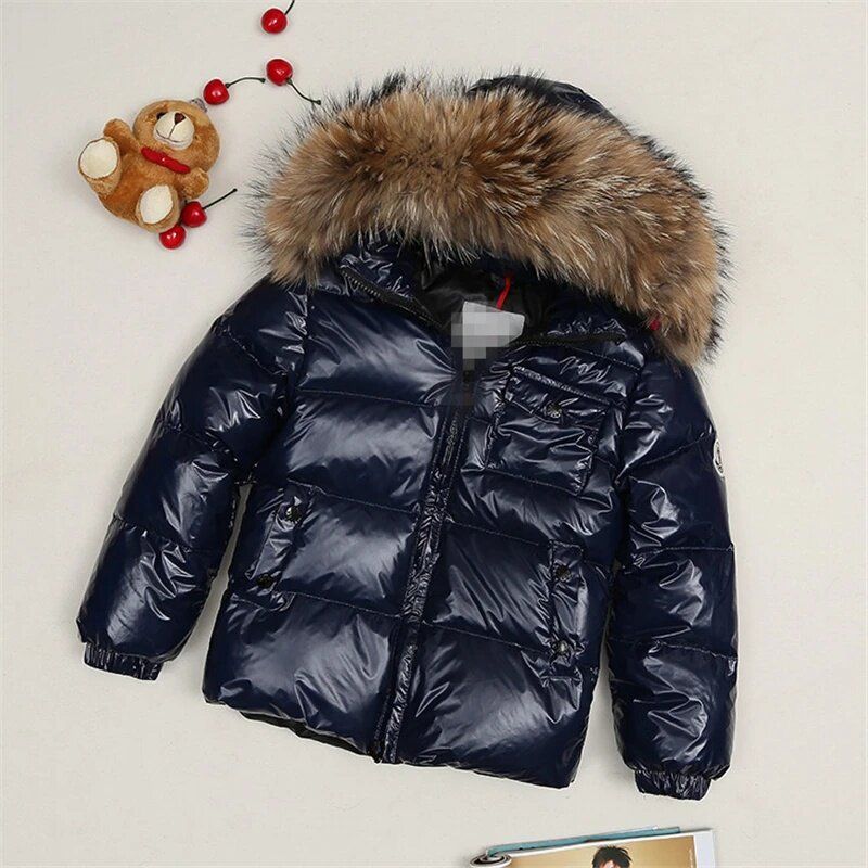Winter New Style down Jacket for Boys and Girls, Korean Version, with Fox Fur Collar, Thickened, Mid-Length Children's Coat