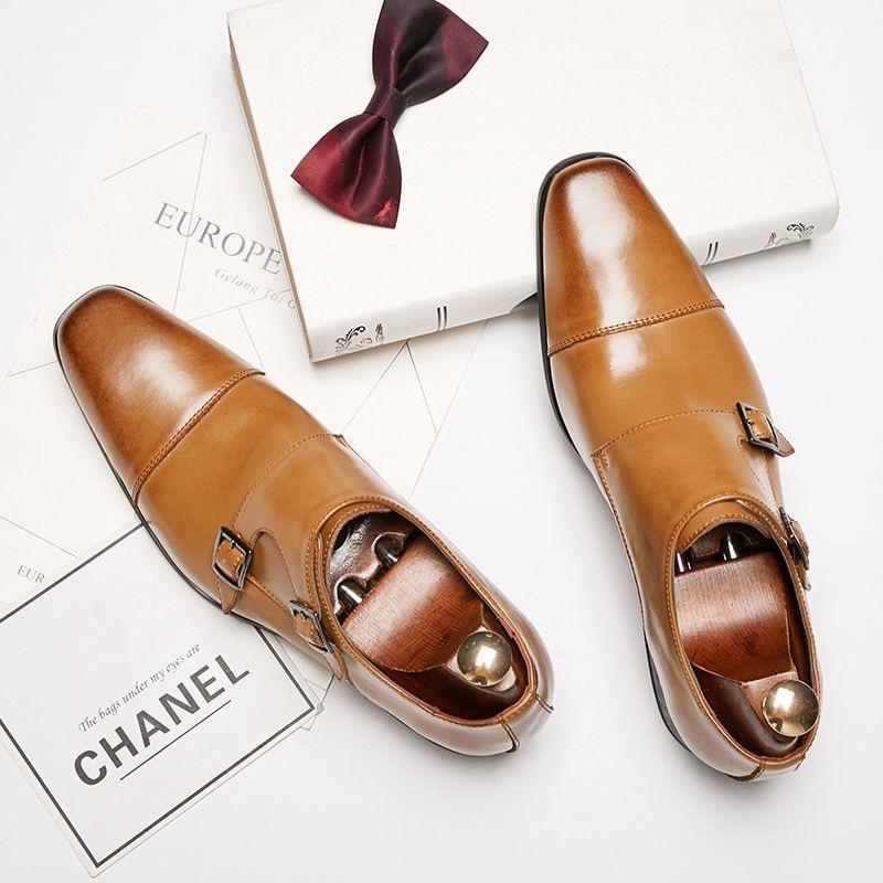 Classic Mens Dress Shoes Pointed Toe Cow Leather Buckle Monk Strap Casual Business Wedding Shoes for Men Black Brown