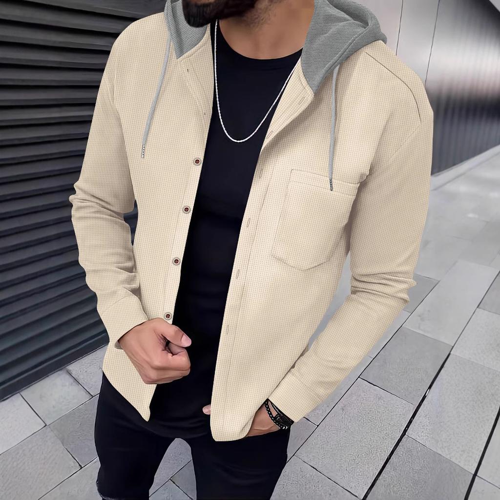 Höst herr våffelmönstrad enkelknäppt huva avslappnad kofta jacka