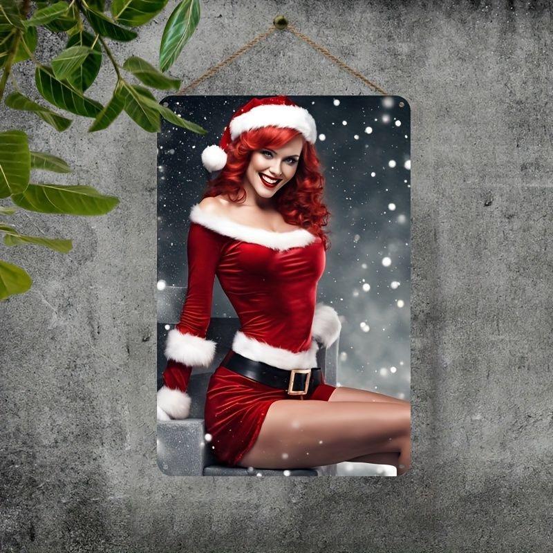 Noel Pin-Up Kızları Metal Tabela, Ofis Hediyesi Duvar Dekoru 20x30cm