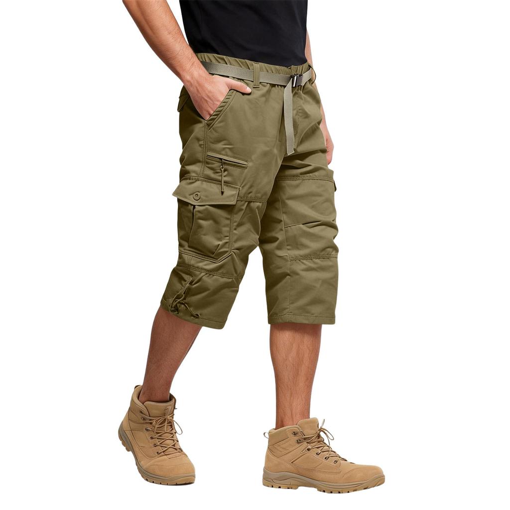 Men's Outdoor Cargo Shorts Below Knee Length Multiple Pockets Adjustable Waistband Relaxed Fit Durable Fabric