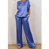 Casual Satin Loungewear Set with Crew Neck and Wide Leg Pants for Spring/Summer