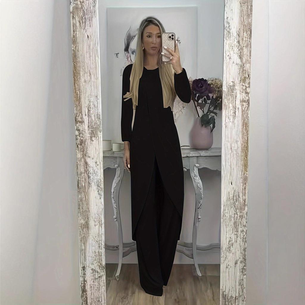 Set Due Pezzi Casual Lungo alla Moda Europeo & Americano 2025 per Donna - Autunno/Inverno, Vestibilità Larga, Girocollo con Pantaloni Lunghi