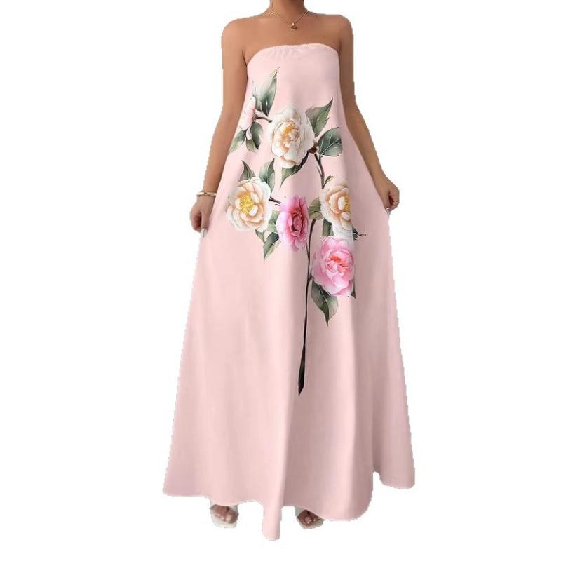 Women's Strapless Maxi Dress Floral Print High Waist A Line Elegant Evening Dress