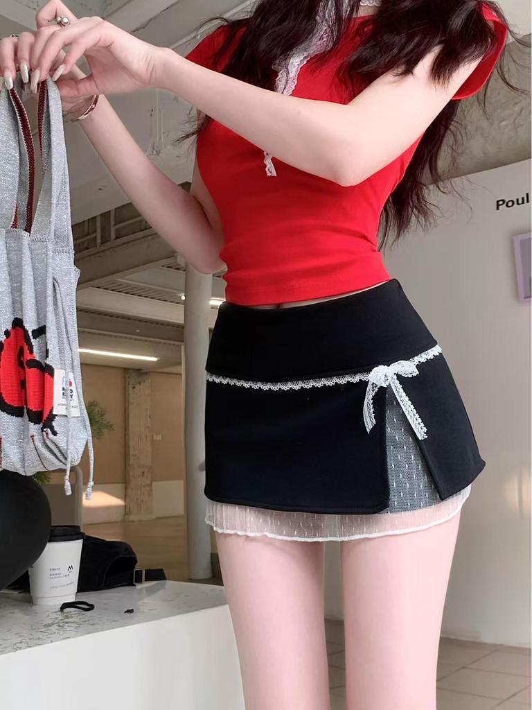 Women's Sweet & Spicy Korean Patchwork Lace Trim Bow Midi Skirt with High Waist & Anti-Exposure Design