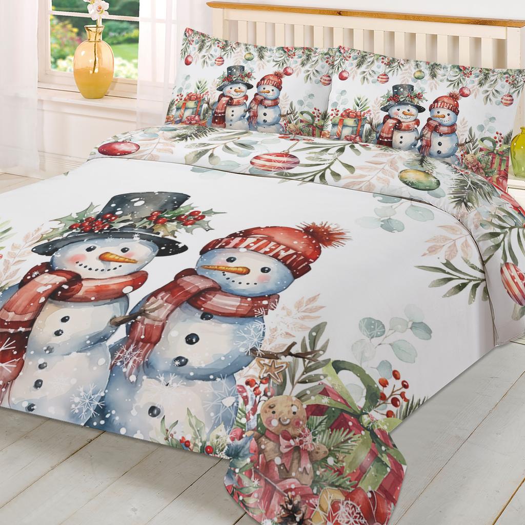 Vánoční poinsettia koule jedlové větvičky sněhulák 3ks ložní souprava pro dvoulůžko bytový textil povlak na přikrývku povlak na peřinu povlak na polštář