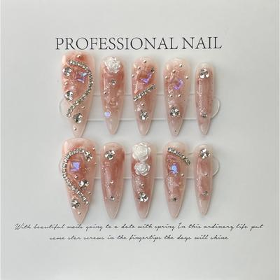 HANDMADE Artificial Nail Almond Breaded Camellia Phototherapy Nails Reusable and Removable Nails