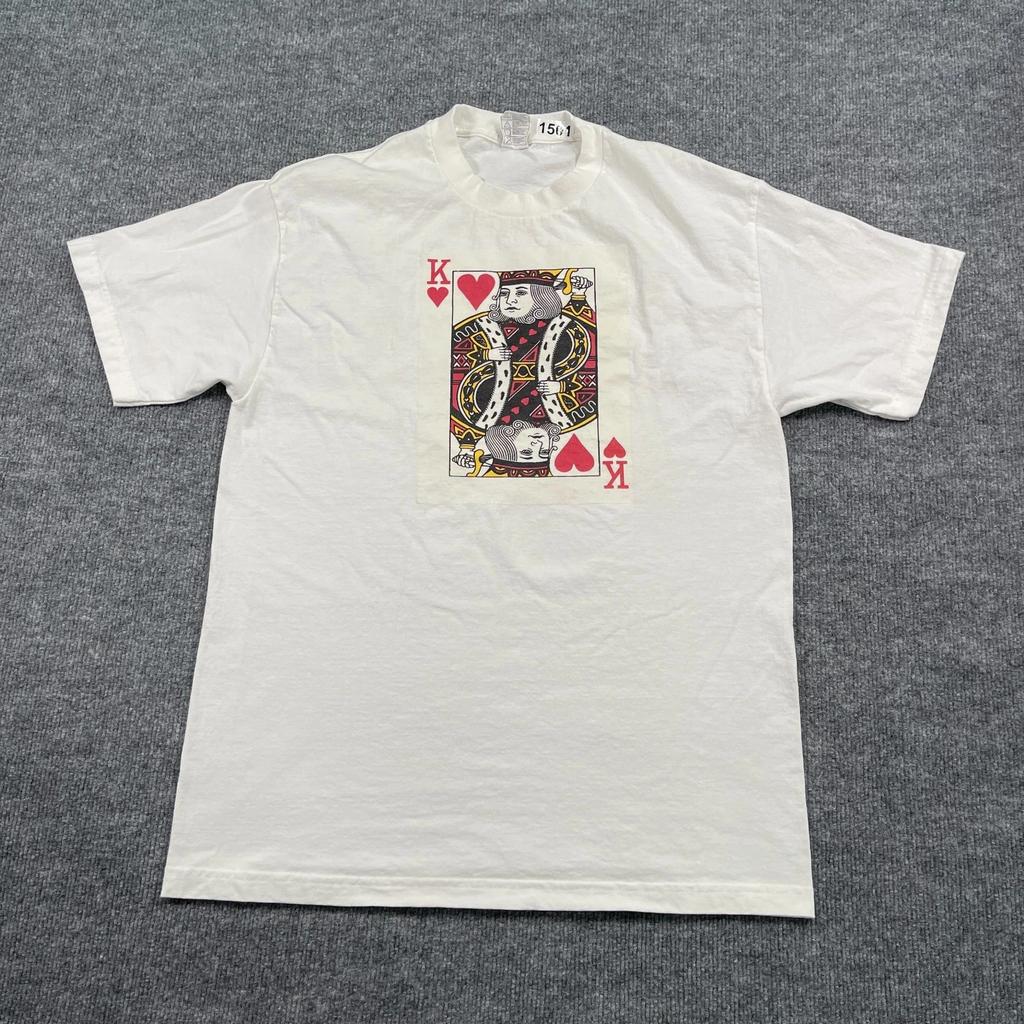 Vintage 90-tal Hjärter Kung Spelkort T-shirt Stor L 21x29 Vit