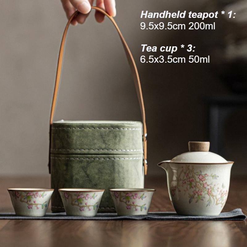 Beige Ru Kiln Ceramic Travel Tea Set Peach Blossom Portable Tea Set 1 Pot, 3 Cups Tea Ceremony Accessories Teaware Sets