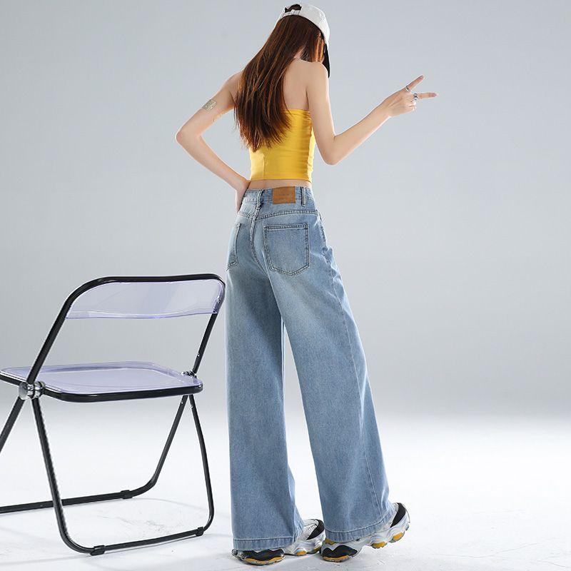 Light Blue High Waist Unique Design Relaxed Wide Leg Floor Sweeping Denim Pants Spring Summer For Women Casual Pants Oversize Denim Trousers