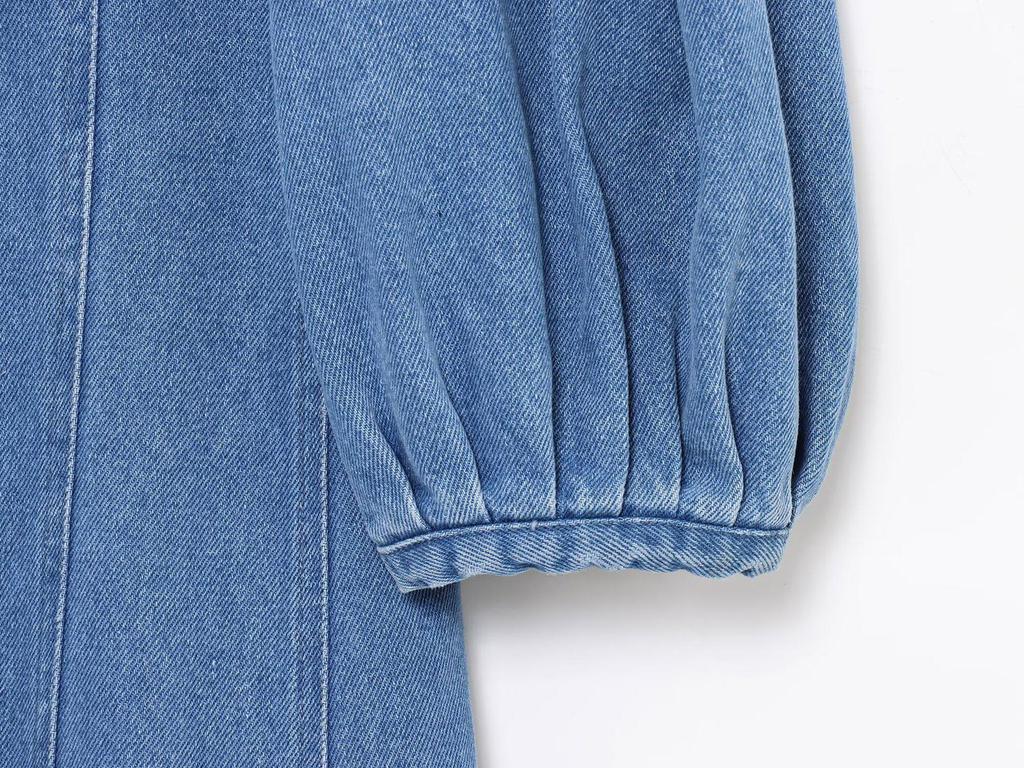 Elegant Denim Midi Dress: European & American Style, Round Neck, Short Sleeve