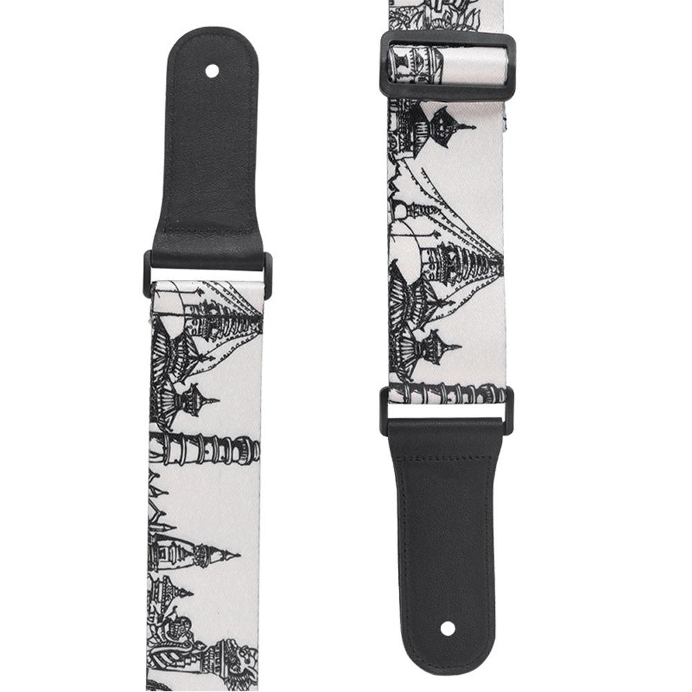 Leder Schultergurt Schwarz Weiß Bedruckt Verstellbare Länge Langlebig für Bass Folk Gitarre