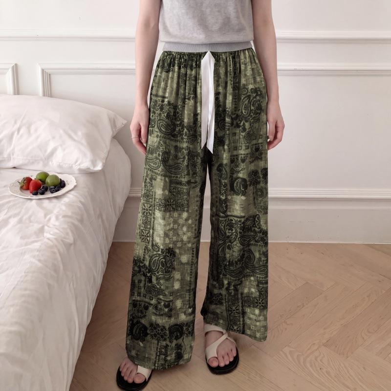 New Cotton and Silk Wide-leg Pants, Artificial Cotton Pajama Pants, Walking Pants, Loose and Casual, Can Be Worn Outside, Large Size Women's Thin 