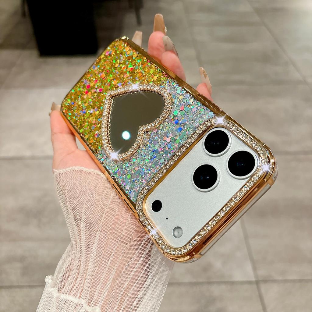 Glitter Epoxy Heart Mirror Rhinestone Case for iPhone 15/16/17 Pro Max