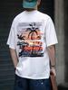 Herren Sommer 100% Baumwolle Modisch Lässig Locker Sommerliche Atmosphäre Palmenblatt Aufdruck Rundhals Kurzarm T-Shirt Oberteil
