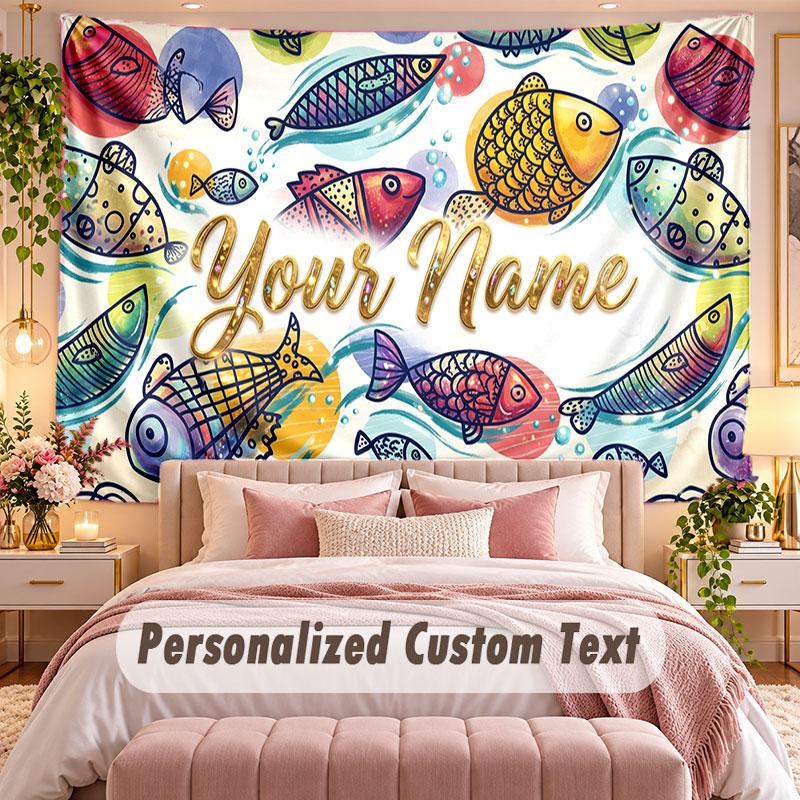 Fish Ocean (158) Theme Wall Tapestry Customized With Name Text Personalized Hanging Tapestry For Bedroom Living Room Decor