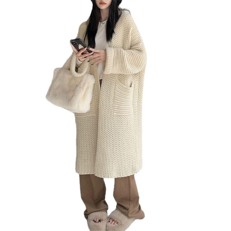 

Элегантный длинный кардиган женский повседневный V-образный вырез однобортный большие карманы длинный рукав женские пальто осень зима женский трикотаж One Size бежевый