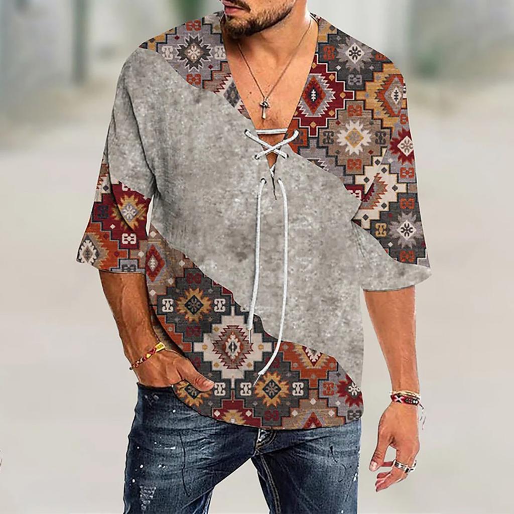 Men's Casual Creative Mid-Sleeve V-Neck Tie Rope Print Fashion Street T-Shirt
